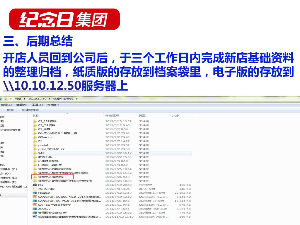 三、后期总结 开店人员回到公司后，于三个工作日内完成新店基础资料的整理归档，纸质版的存放到档案袋里，电子版的存放到\\