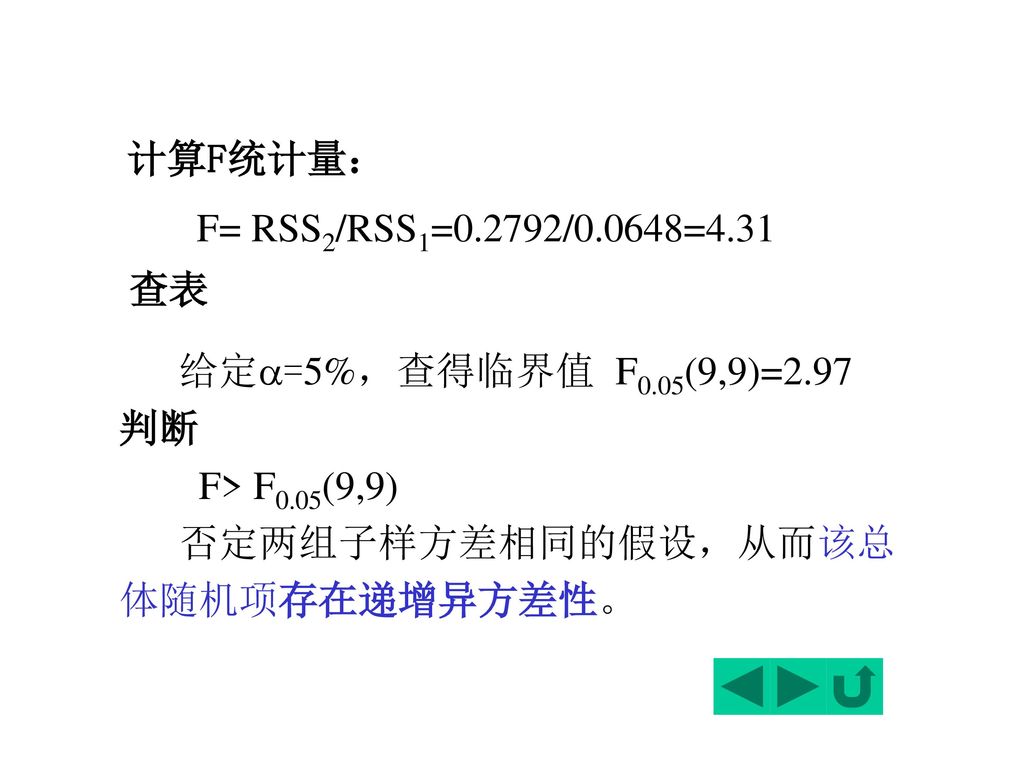 计算F统计量： F= RSS2/RSS1=0.2792/0.0648=4.31. 查表. 给定=5%，查得临界值 F0.05(9,9)=2.97.