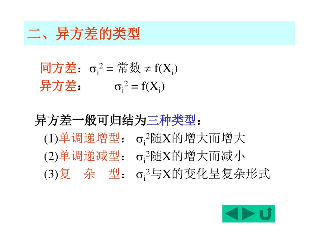 二、异方差的类型 同方差：i2 = 常数  f(Xi) 异方差： i2 = f(Xi) 异方差一般可归结为三种类型：