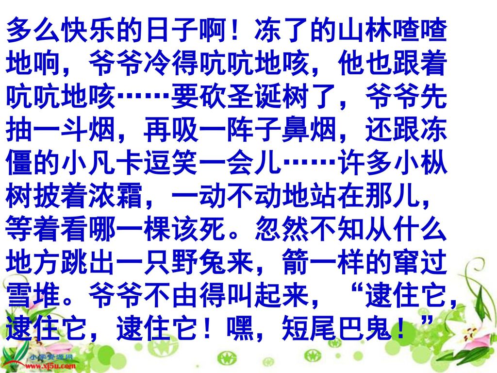 多么快乐的日子啊！冻了的山林喳喳地响，爷爷冷得吭吭地咳，他也跟着吭吭地咳……要砍圣诞树了，爷爷先抽一斗烟，再吸一阵子鼻烟，还跟冻僵的小凡卡逗笑一会儿……许多小枞树披着浓霜，一动不动地站在那儿，等着看哪一棵该死。忽然不知从什么地方跳出一只野兔来，箭一样的窜过雪堆。爷爷不由得叫起来， 逮住它，逮住它，逮住它！嘿，短尾巴鬼！