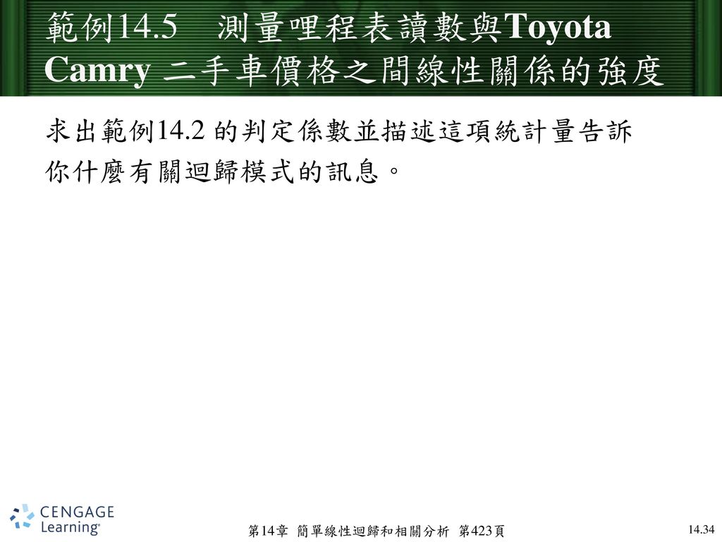 範例14.5 測量哩程表讀數與Toyota Camry 二手車價格之間線性關係的強度