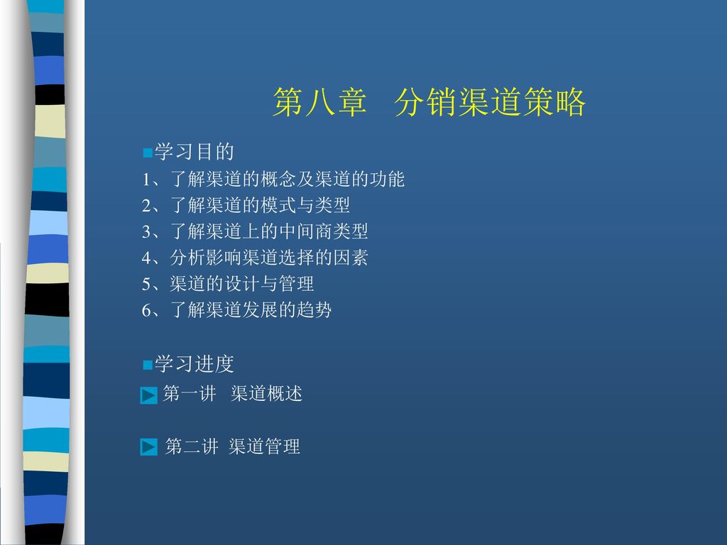 第八章 分销渠道策略 学习目的 学习进度 第一讲 渠道概述 1、了解渠道的概念及渠道的功能 2、了解渠道的模式与类型