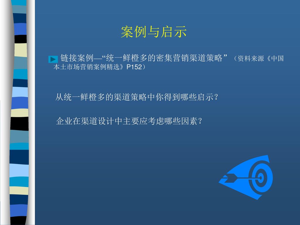 案例与启示 链接案例— 统一鲜橙多的密集营销渠道策略 （资料来源《中国本土市场营销案例精选》P152） 企业在渠道设计中主要应考虑哪些因素？