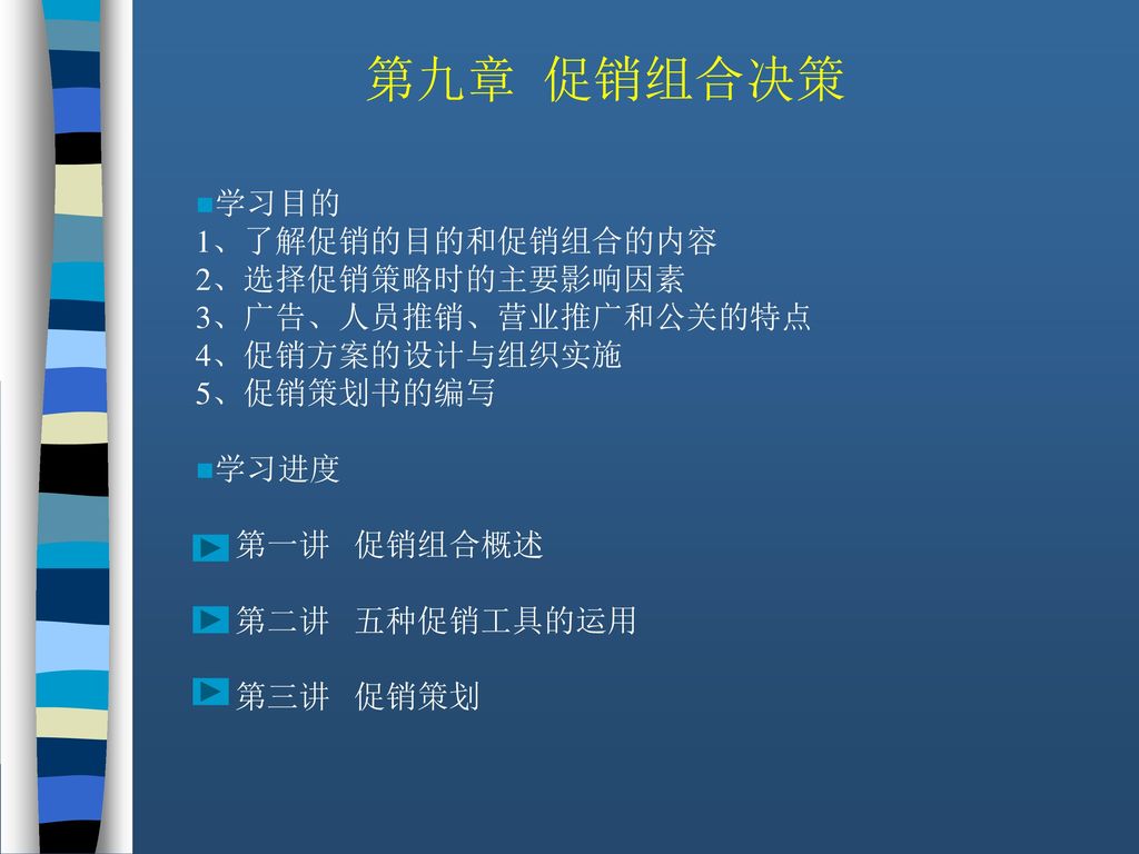 第九章 促销组合决策 学习目的 1、了解促销的目的和促销组合的内容 2、选择促销策略时的主要影响因素