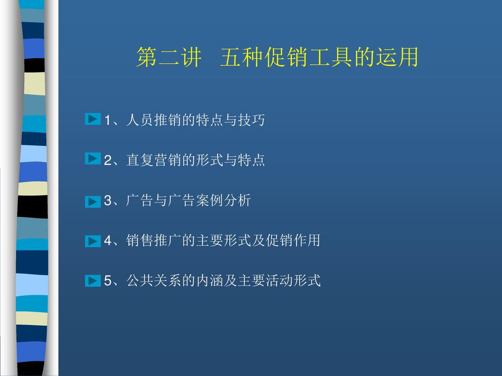 第二讲 五种促销工具的运用 1、人员推销的特点与技巧 2、直复营销的形式与特点 3、广告与广告案例分析 4、销售推广的主要形式及促销作用