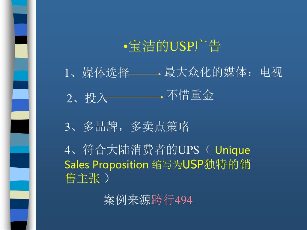 宝洁的USP广告 1、媒体选择 最大众化的媒体：电视 不惜重金 2、投入 3、多品牌，多卖点策略