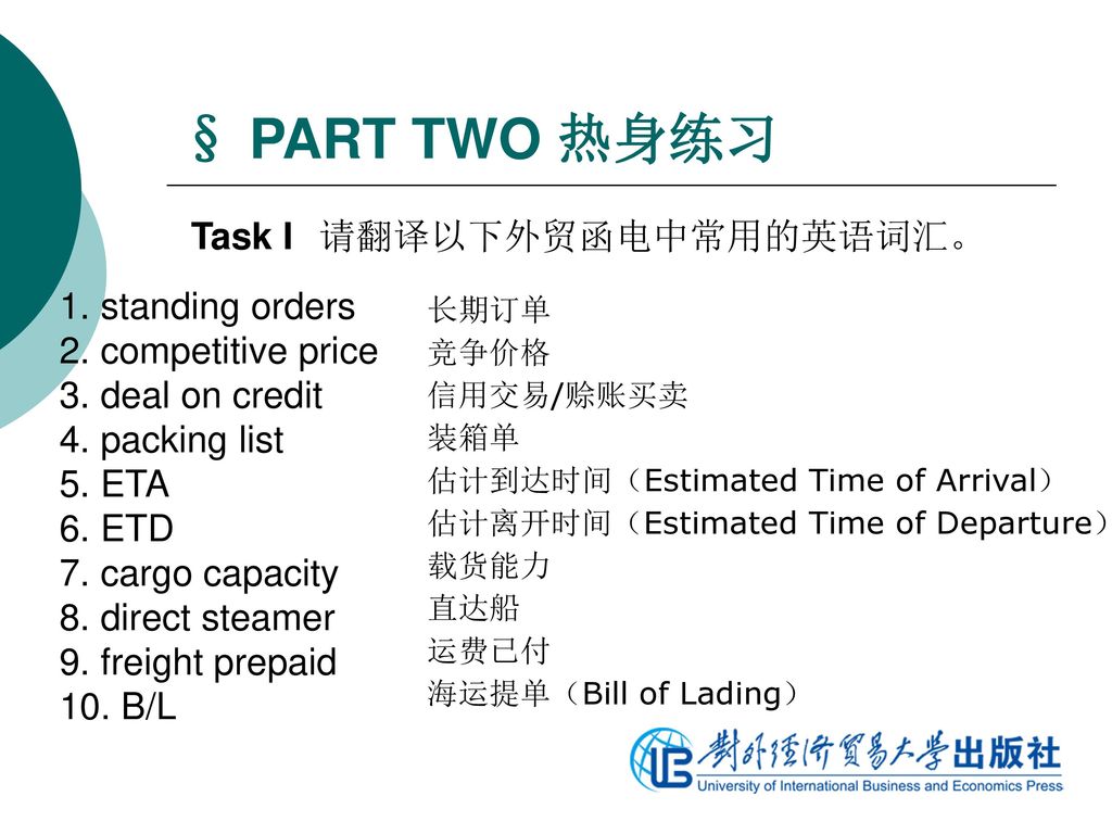 § PART TWO 热身练习 Task I 请翻译以下外贸函电中常用的英语词汇。 1. standing orders