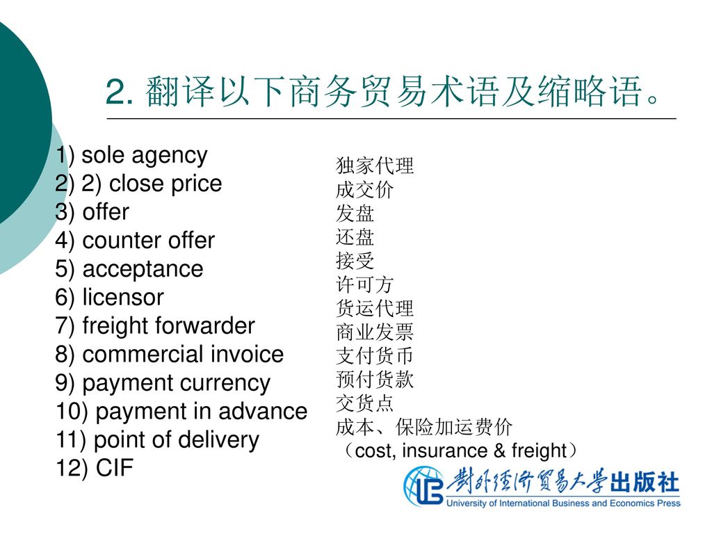 2. 翻译以下商务贸易术语及缩略语。 sole agency 2) close price 3) offer