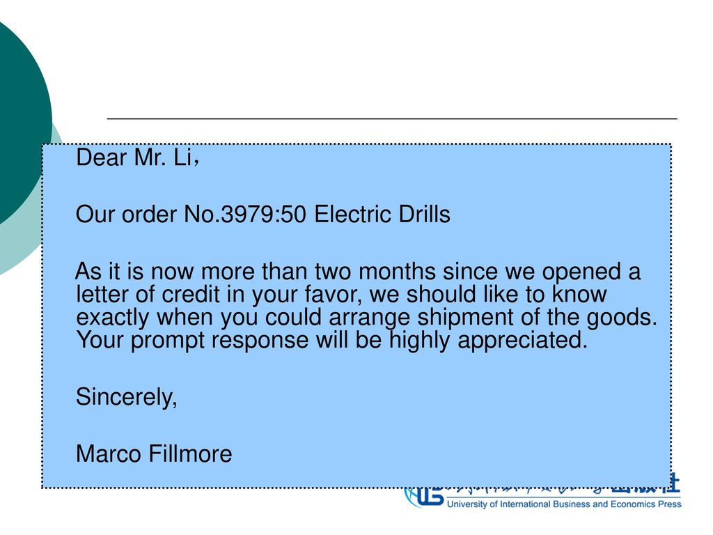 Dear Mr. Li， Our order No.3979:50 Electric Drills.