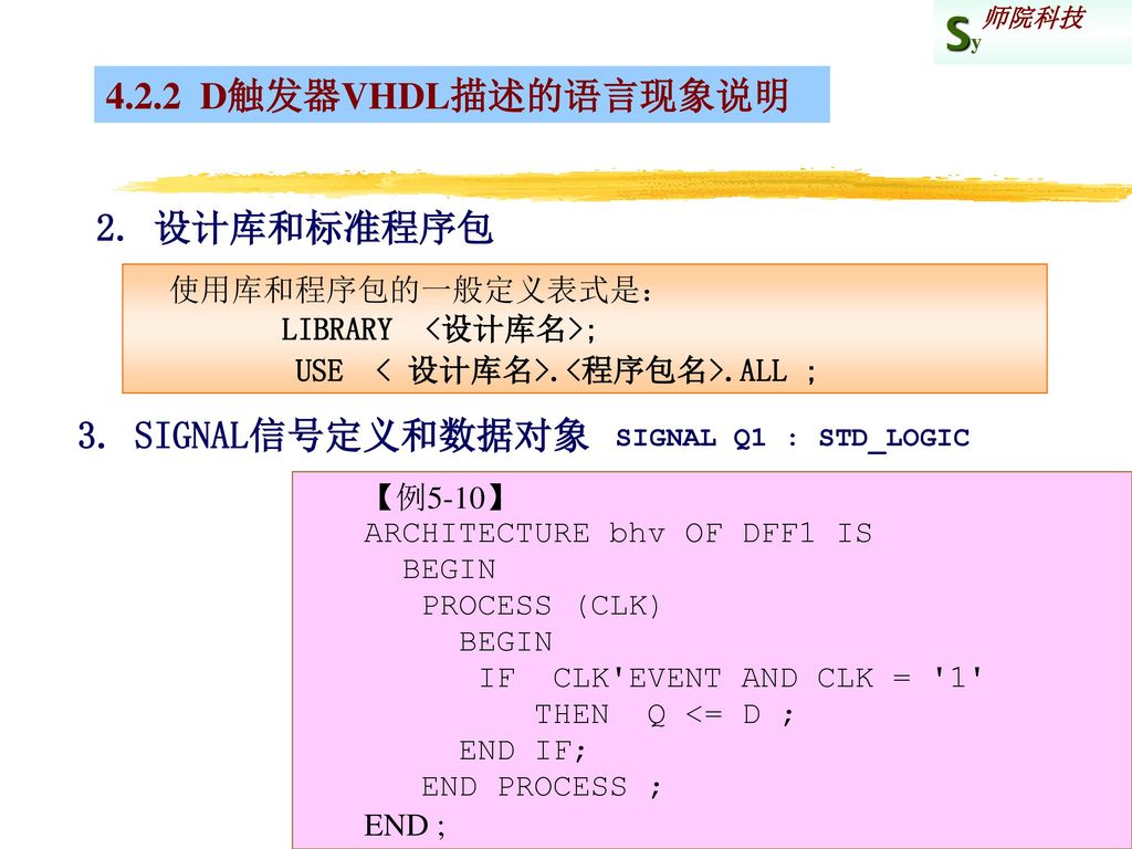 4.2.2 D触发器VHDL描述的语言现象说明 2. 设计库和标准程序包 3. SIGNAL信号定义和数据对象