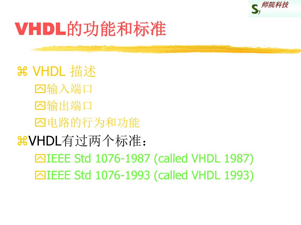 VHDL的功能和标准 VHDL 描述 VHDL有过两个标准： 输入端口 输出端口 电路的行为和功能