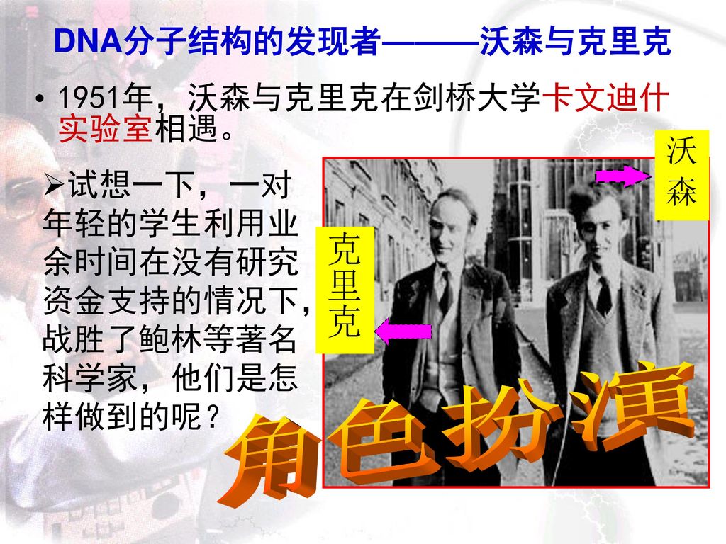 dna分子结构的发现者—沃森与克里克 1951年,沃森与克里克在剑桥