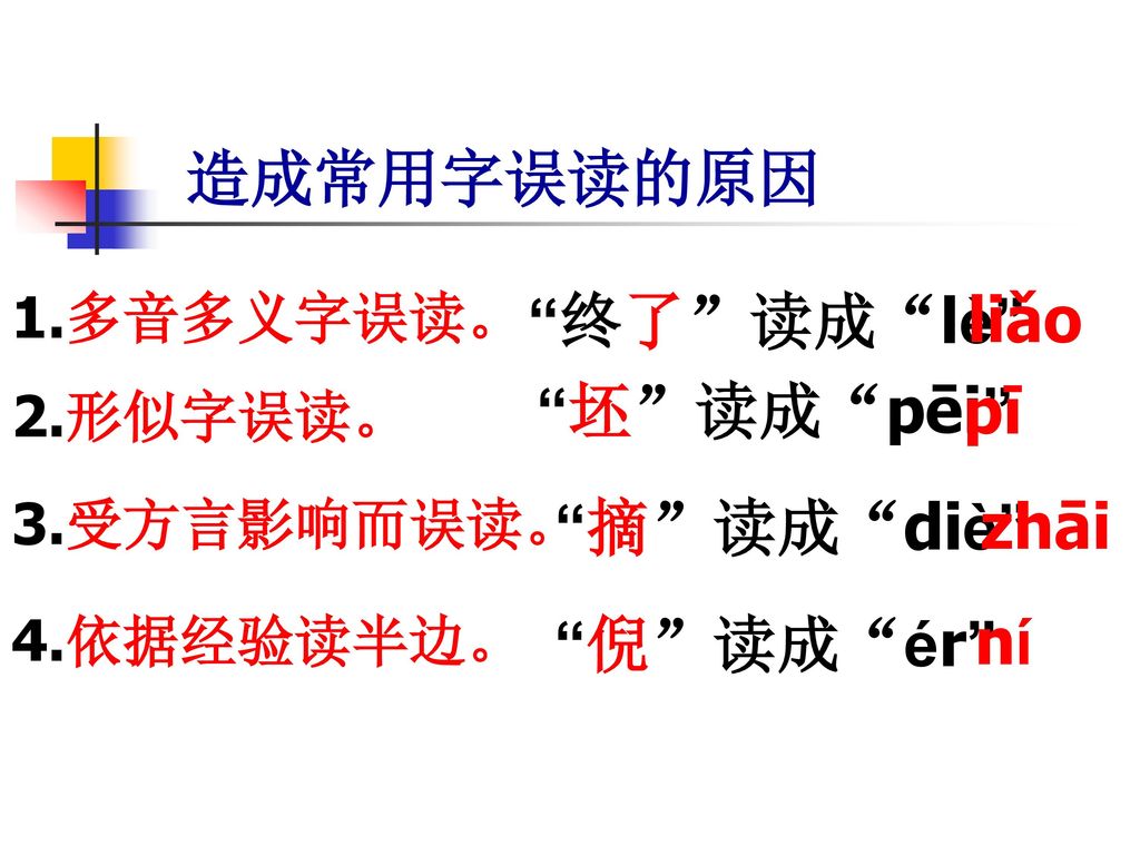造成常用字误读的原因 终了 读成 lè liǎo 坯 读成 pēi pī 摘 读成 diè zhāi 倪 读成 ér ní