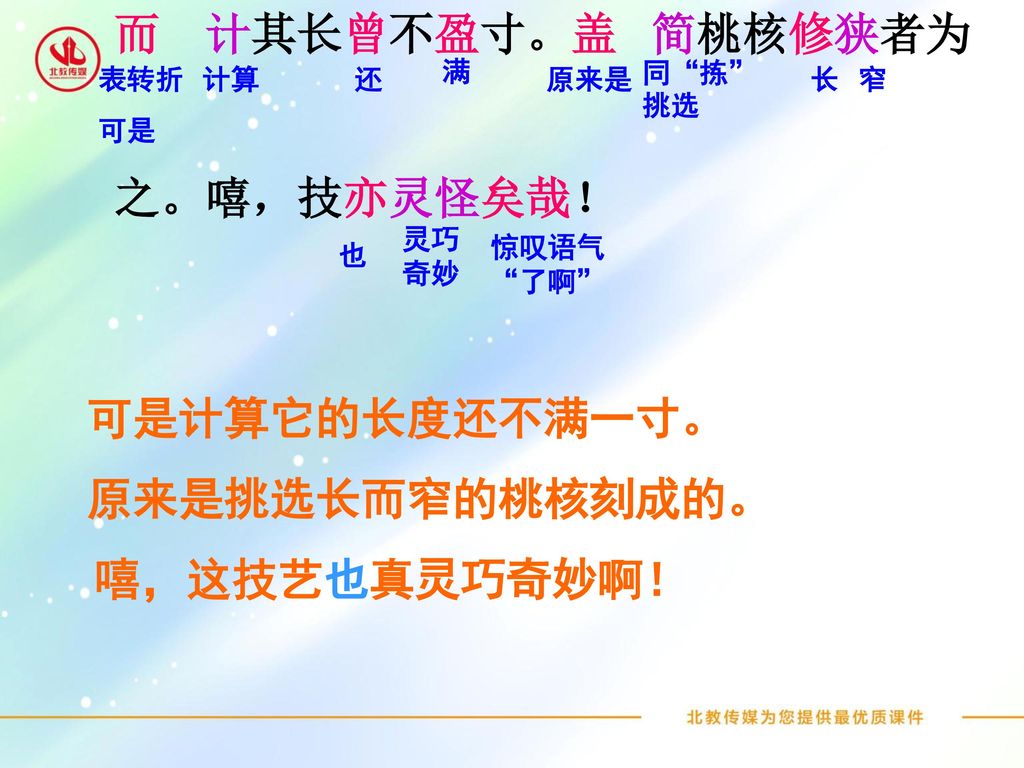 而 计其长曾不盈寸。盖 简桃核修狭者为 之。嘻，技亦灵怪矣哉！ 可是计算它的长度还不满一寸。 原来是挑选长而窄的桃核刻成的。