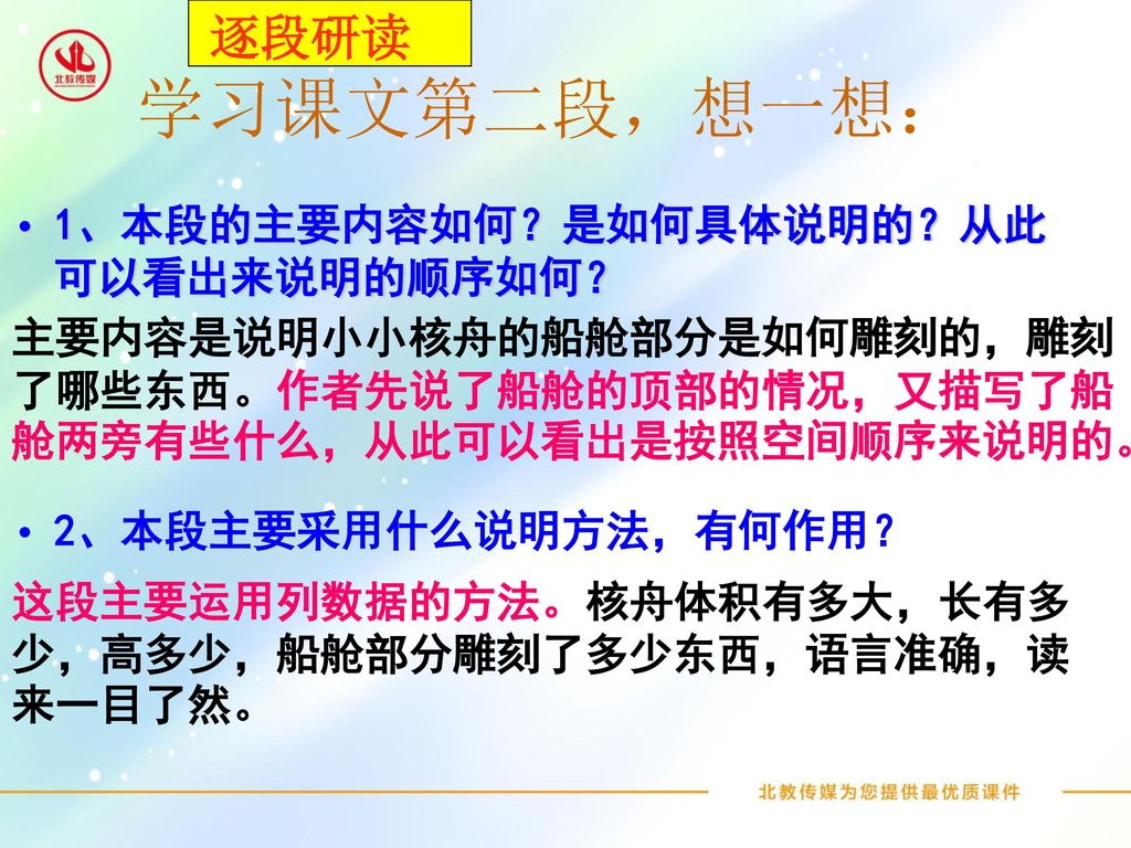 学习课文第二段，想一想： 逐段研读 1、本段的主要内容如何？是如何具体说明的？从此可以看出来说明的顺序如何？