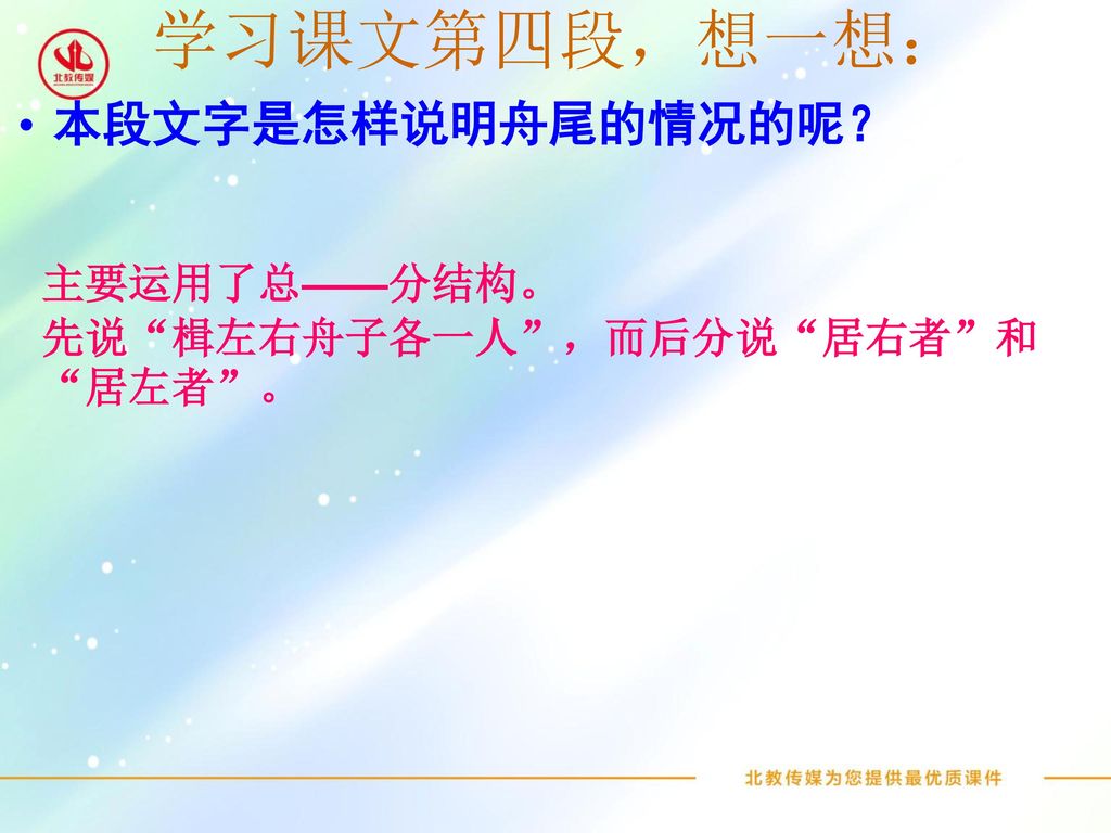 学习课文第四段，想一想： 本段文字是怎样说明舟尾的情况的呢？ 主要运用了总——分结构。