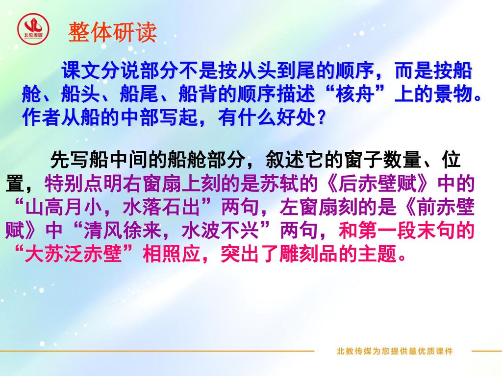 整体研读 课文分说部分不是按从头到尾的顺序，而是按船舱、船头、船尾、船背的顺序描述 核舟 上的景物。作者从船的中部写起，有什么好处？