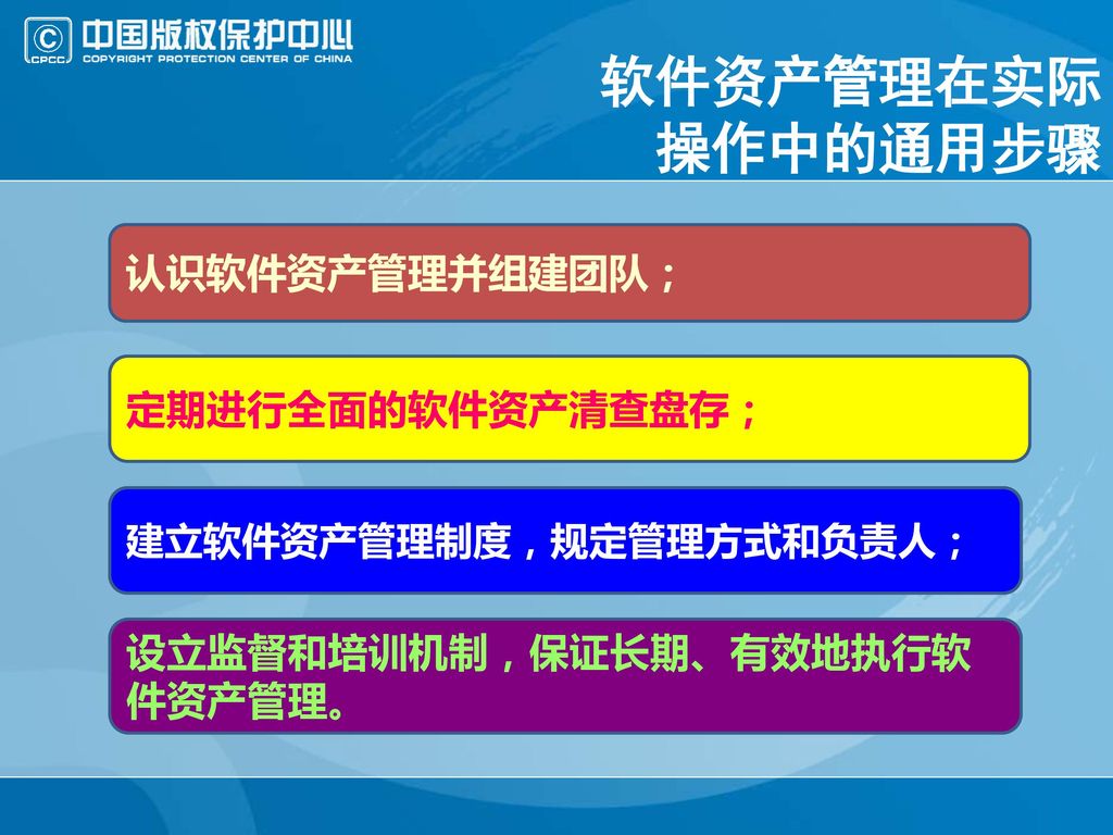 软件资产管理在实际操作中的通用步骤 认识软件资产管理并组建团队； 定期进行全面的软件资产清查盘存；