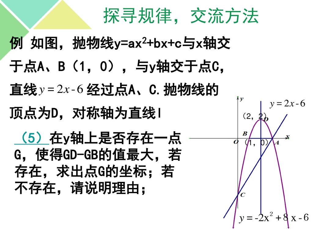 探寻规律，交流方法 例 如图，抛物线y=ax2+bx+c与x轴交 于点A、B（1，0），与y轴交于点C， 直线 经过点A、C.抛物线的 顶点为D，对称轴为直线l （2，2） （5）在y轴上是否存在一点G，使得GD-GB的值最大，若存在，求出点G的坐标；若不存在，请说明理由；
