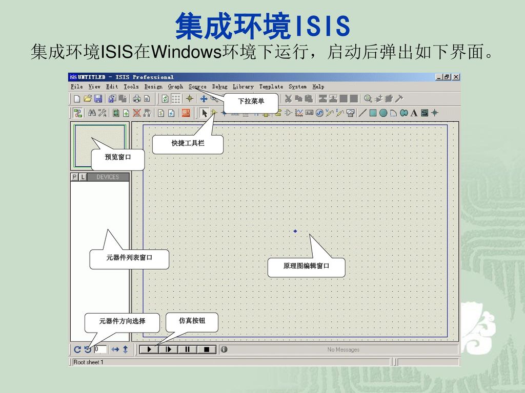 集成环境ISIS 集成环境ISIS在Windows环境下运行，启动后弹出如下界面。 预览窗口 下拉菜单 元器件列表窗口 快捷工具栏