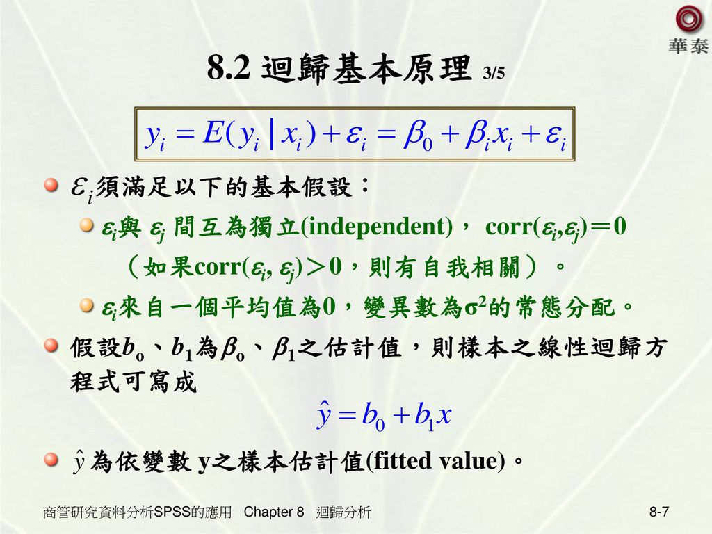 8.2 迴歸基本原理 3/5 須滿足以下的基本假設： i與 j 間互為獨立(independent)， corr(i,j)＝0