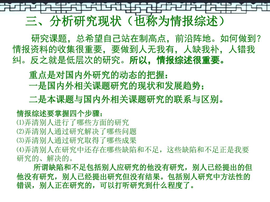 重点是对国内外研究的动态的把握： 一是国内外相关课题研究的现状和发展趋势； 二是本课题与国内外相关课题研究的联系与区别。