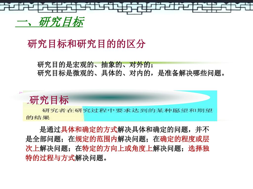 一、研究目标 研究目标和研究目的的区分 研究目标 研究目的是宏观的、抽象的、对外的； 研究目标是微观的、具体的、对内的，是准备解决哪些问题。