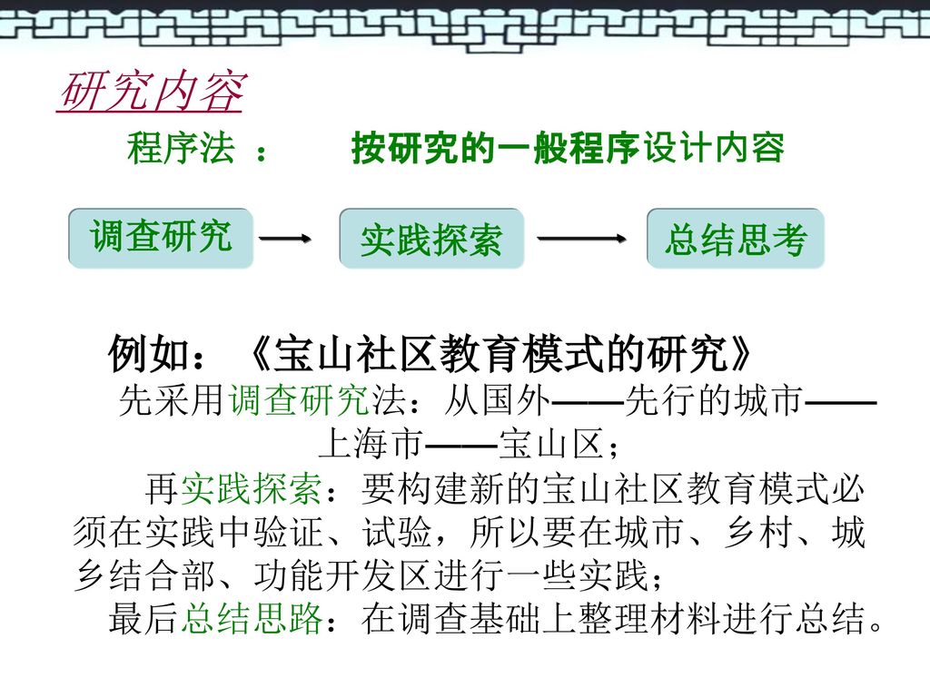 先采用调查研究法：从国外——先行的城市——上海市——宝山区；