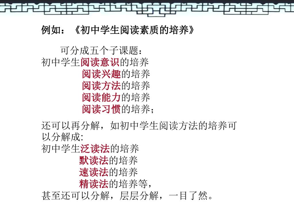 例如：《初中学生阅读素质的培养》 可分成五个子课题： 初中学生阅读意识的培养. 阅读兴趣的培养. 阅读方法的培养. 阅读能力的培养. 阅读习惯的培养； 还可以再分解，如初中学生阅读方法的培养可以分解成: