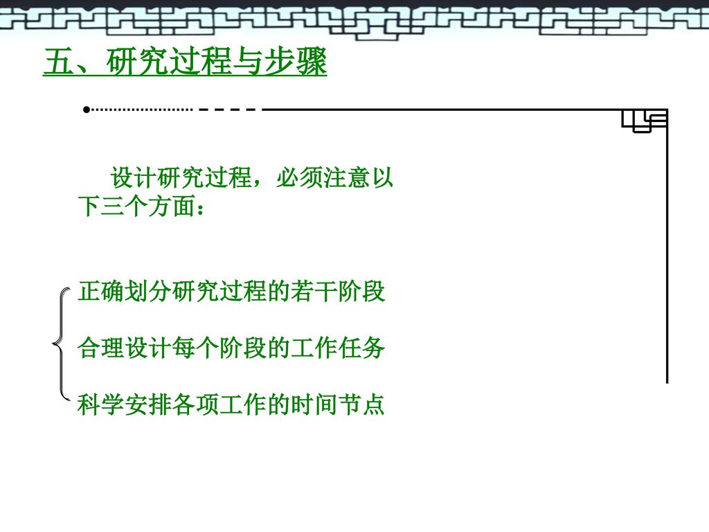 五、研究过程与步骤 设计研究过程，必须注意以下三个方面： 正确划分研究过程的若干阶段 合理设计每个阶段的工作任务 科学安排各项工作的时间节点