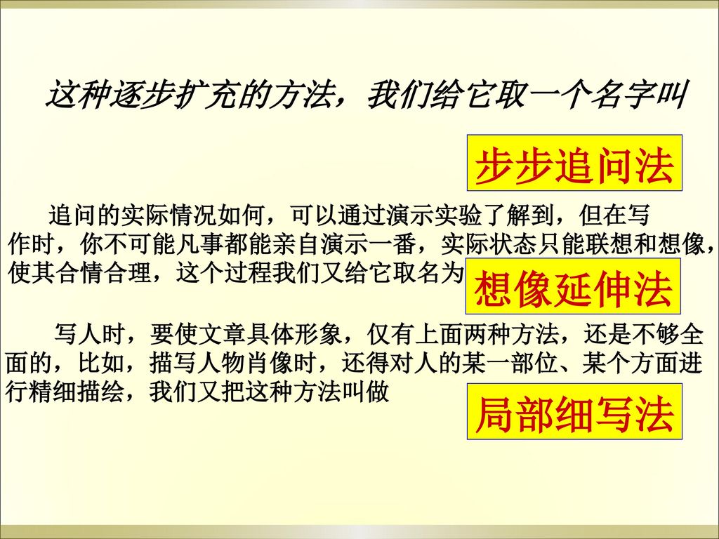 步步追问法 想像延伸法 局部细写法 这种逐步扩充的方法，我们给它取一个名字叫 追问的实际情况如何，可以通过演示实验了解到，但在写