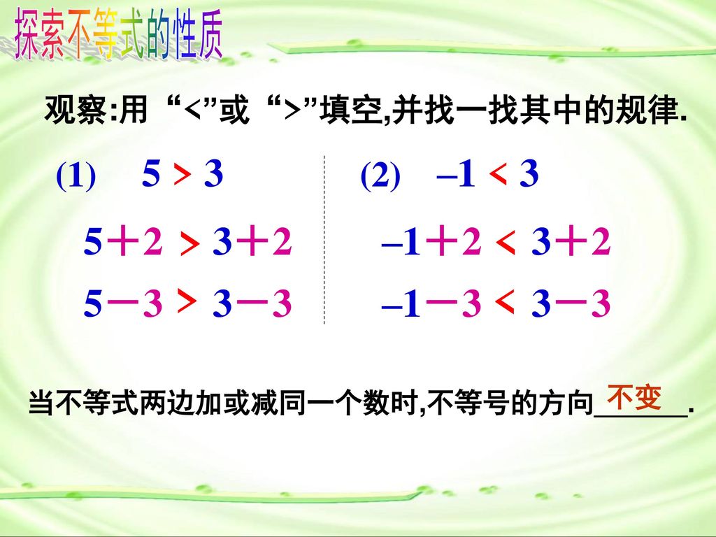 探索不等式的性质 > < > < 5＋2 3＋2 –1＋2 3＋2 5－3 3－3 –1－3 3－3