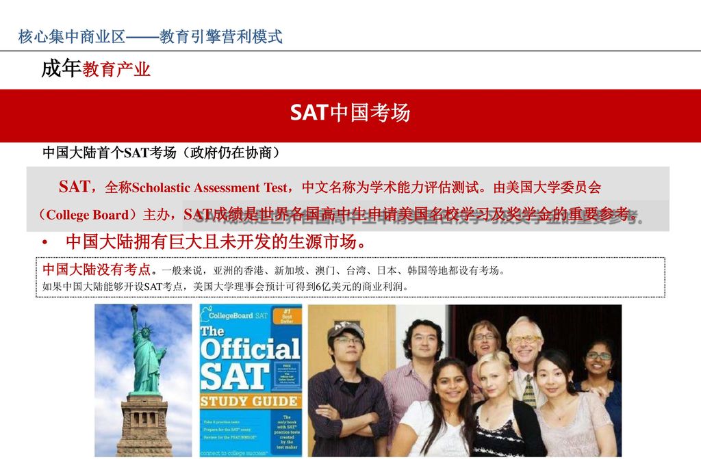 成年教育产业 SAT，全称Scholastic Assessment Test，中文名称为学术能力评估测试。由美国大学委员会