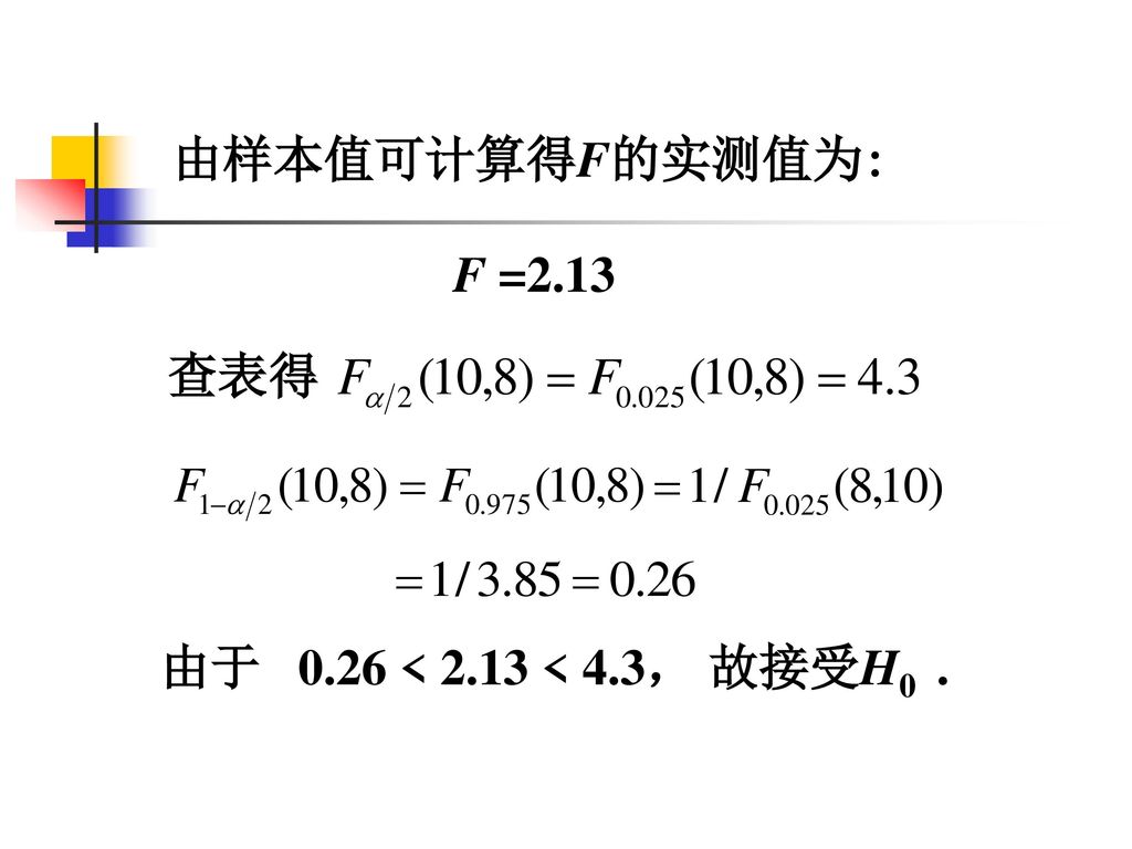 由样本值可计算得F的实测值为: F =2.13 查表得 由于 0.26 < 2.13 < 4.3， 故接受H0 .