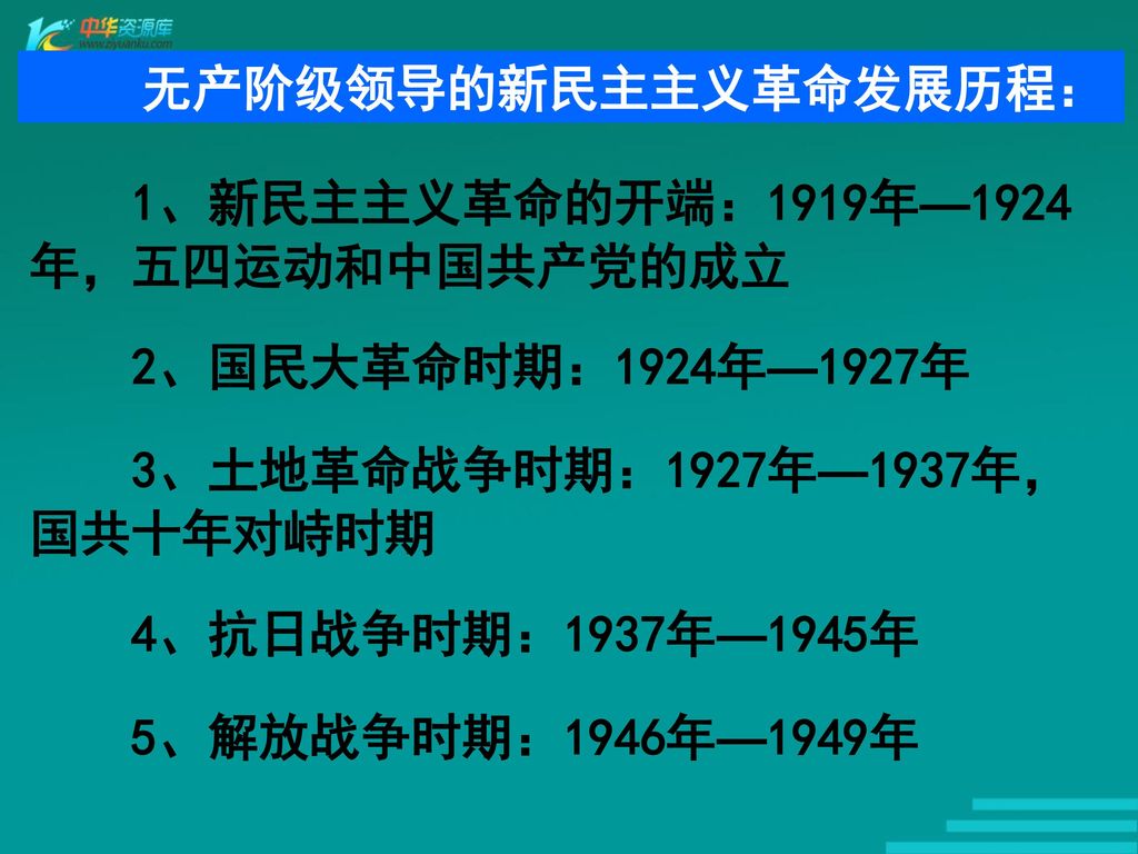 无产阶级领导的新民主主义革命发展历程： 1、新民主主义革命的开端：1919年—1924 年，五四运动和中国共产党的成立. 2、国民大革命时期：1924年—1927年. 3、土地革命战争时期：1927年—1937年， 国共十年对峙时期.