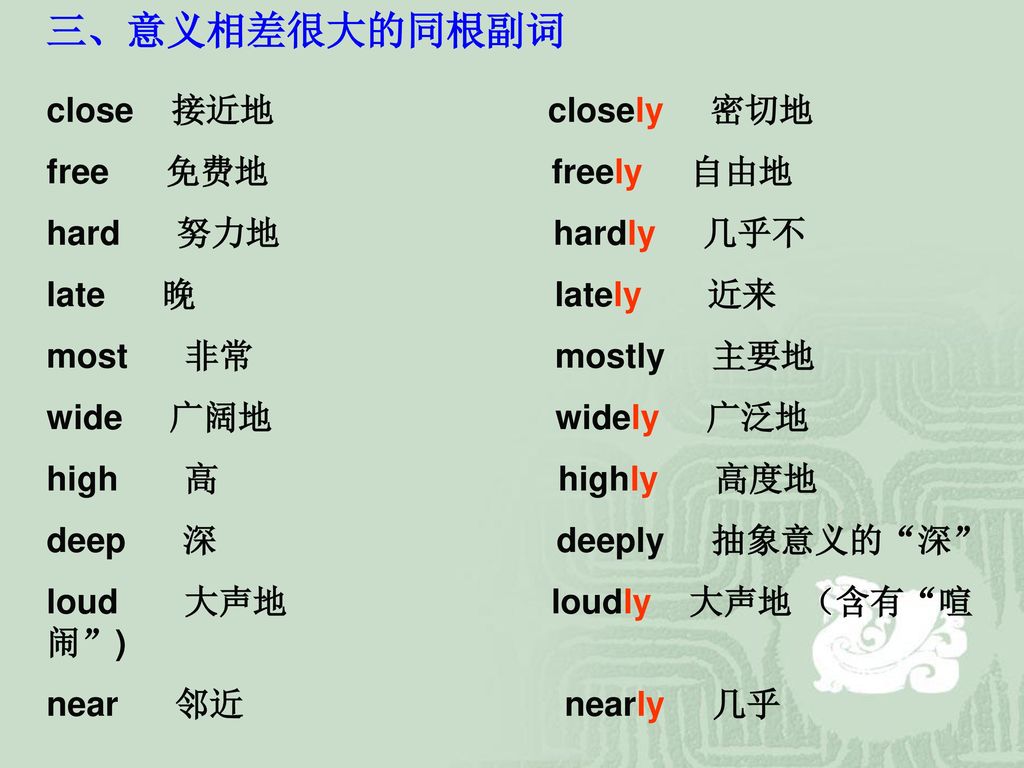 三、意义相差很大的同根副词 close 接近地 closely 密切地 free 免费地 freely 自由地