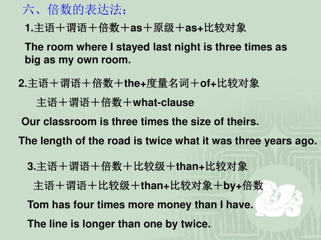 六、倍数的表达法： 1.主语＋谓语＋倍数＋as＋原级＋as+比较对象