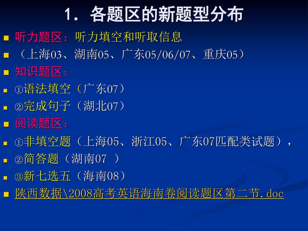 1．各题区的新题型分布 听力题区：听力填空和听取信息 （上海03、湖南05、广东05/06/07、重庆05） 知识题区： 阅读题区：