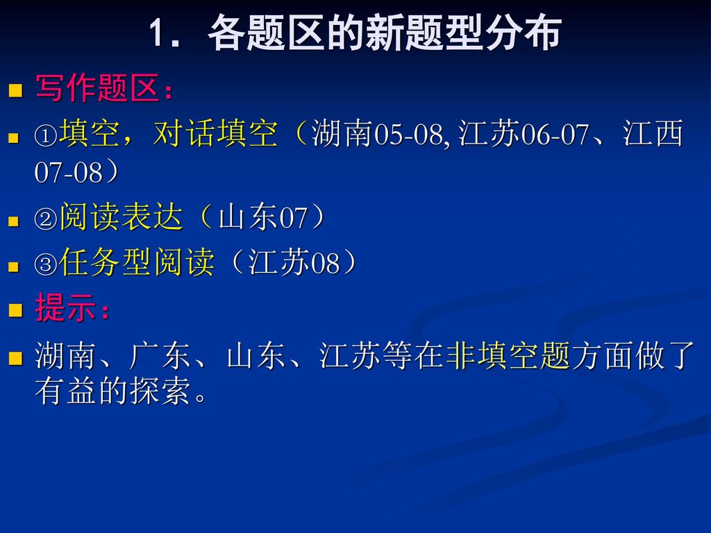 1．各题区的新题型分布 写作题区： 提示： 湖南、广东、山东、江苏等在非填空题方面做了有益的探索。