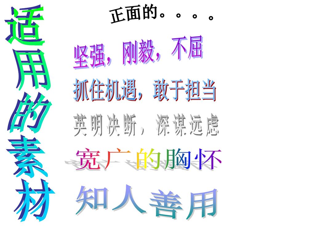 正面的。。。。 坚强，刚毅，不屈 抓住机遇，敢于担当 适用的素材 英明决断，深谋远虑 宽广的胸怀 知人善用