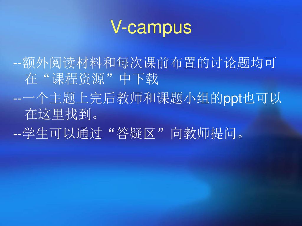 V-campus --额外阅读材料和每次课前布置的讨论题均可在 课程资源 中下载 --一个主题上完后教师和课题小组的ppt也可以在这里找到。