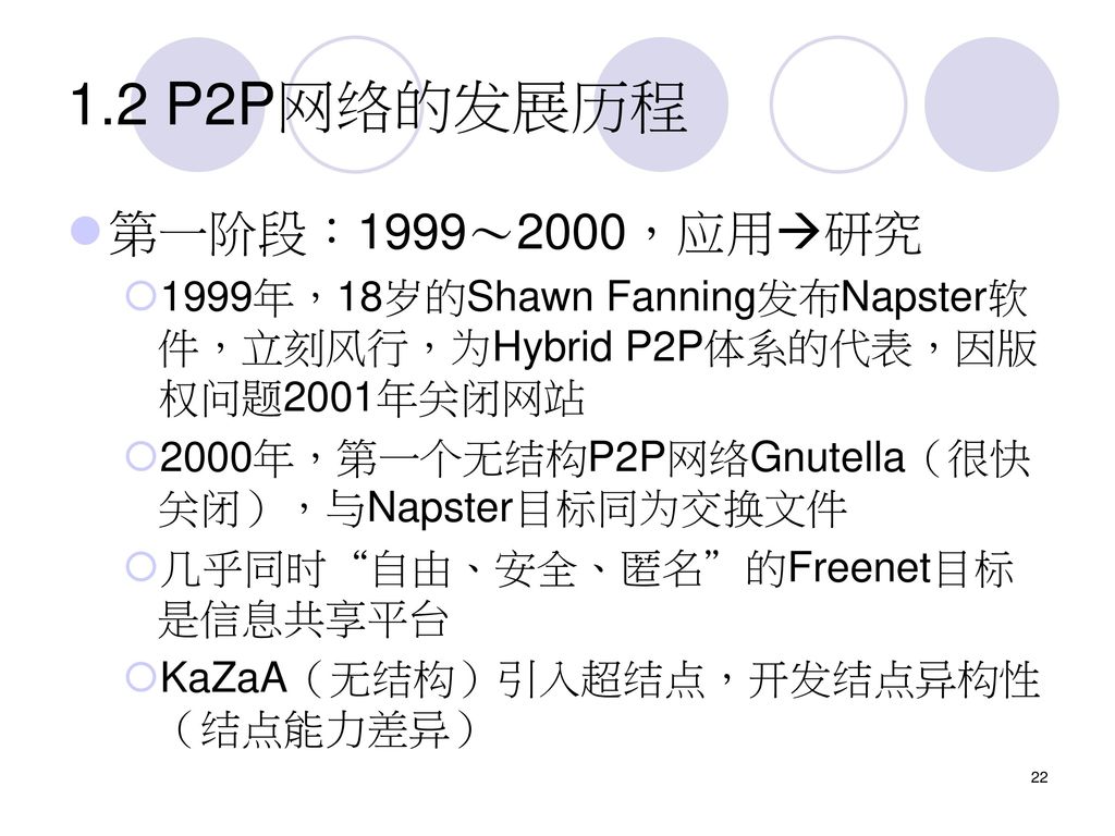 1.2 P2P网络的发展历程 第一阶段：1999～2000，应用研究