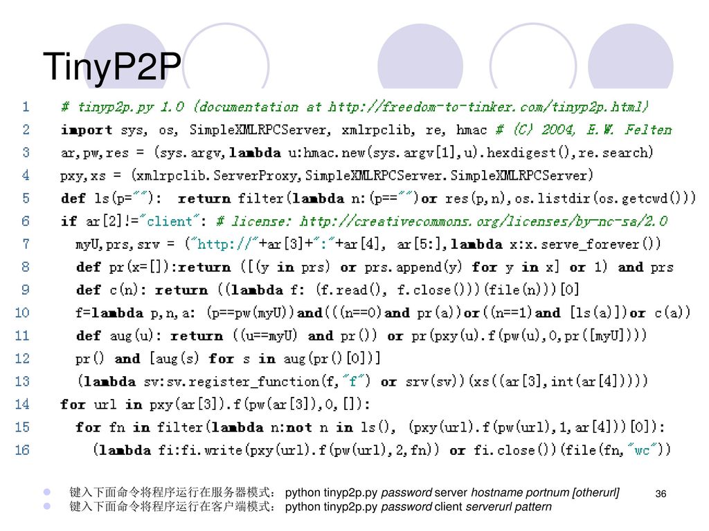 TinyP2P 键入下面命令将程序运行在服务器模式： python tinyp2p.py password server hostname portnum [otherurl]