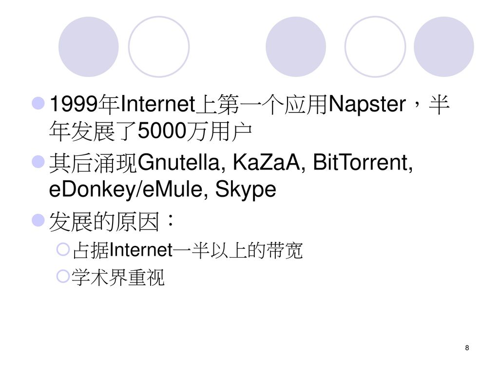 1999年Internet上第一个应用Napster，半年发展了5000万用户