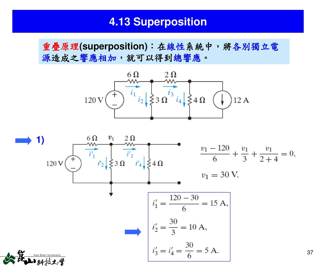 4.13 Superposition 重疊原理(superposition)：在線性系統中，將各別獨立電源造成之響應相加，就可以得到總響應。
