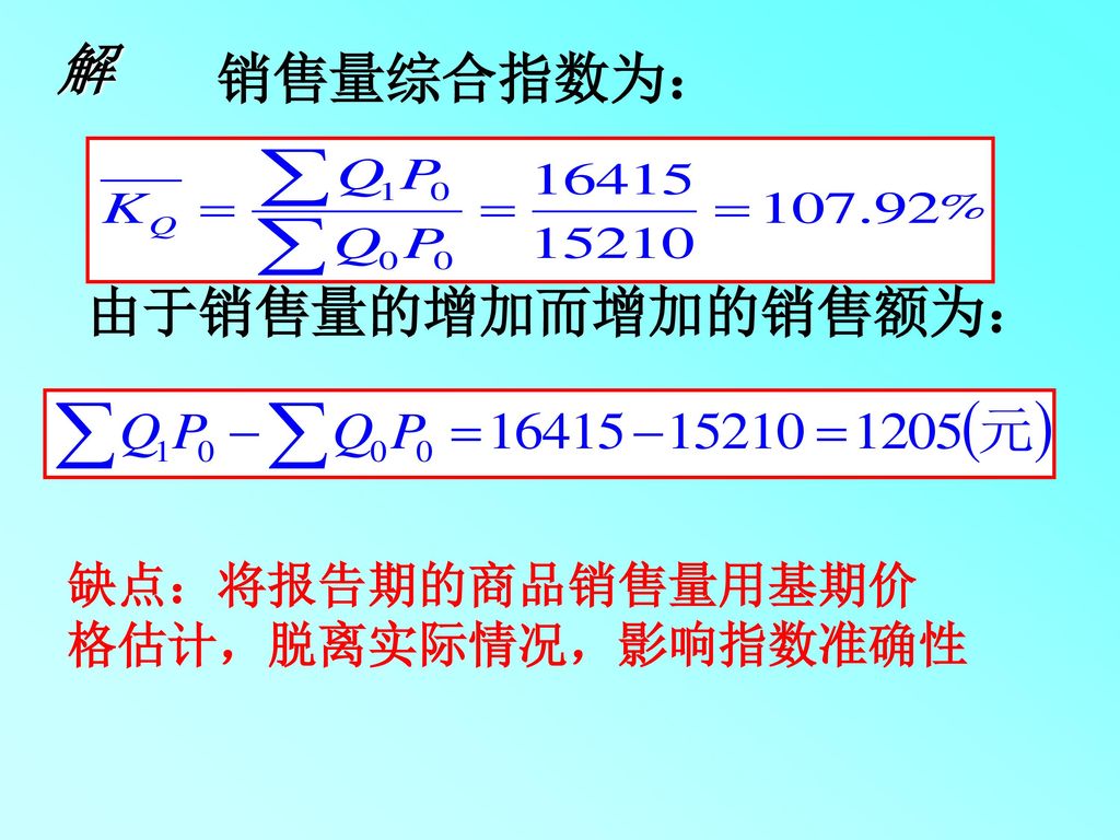 解 销售量综合指数为： 由于销售量的增加而增加的销售额为： 缺点：将报告期的商品销售量用基期价 格估计，脱离实际情况，影响指数准确性