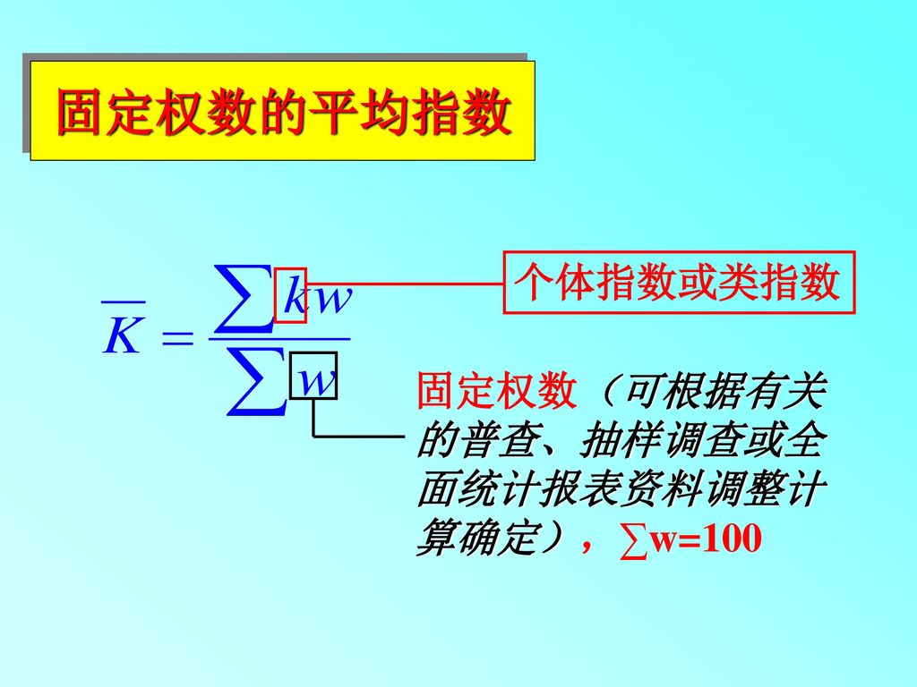 固定权数的平均指数 个体指数或类指数 固定权数（可根据有关 的普查、抽样调查或全 面统计报表资料调整计 算确定），∑w=100