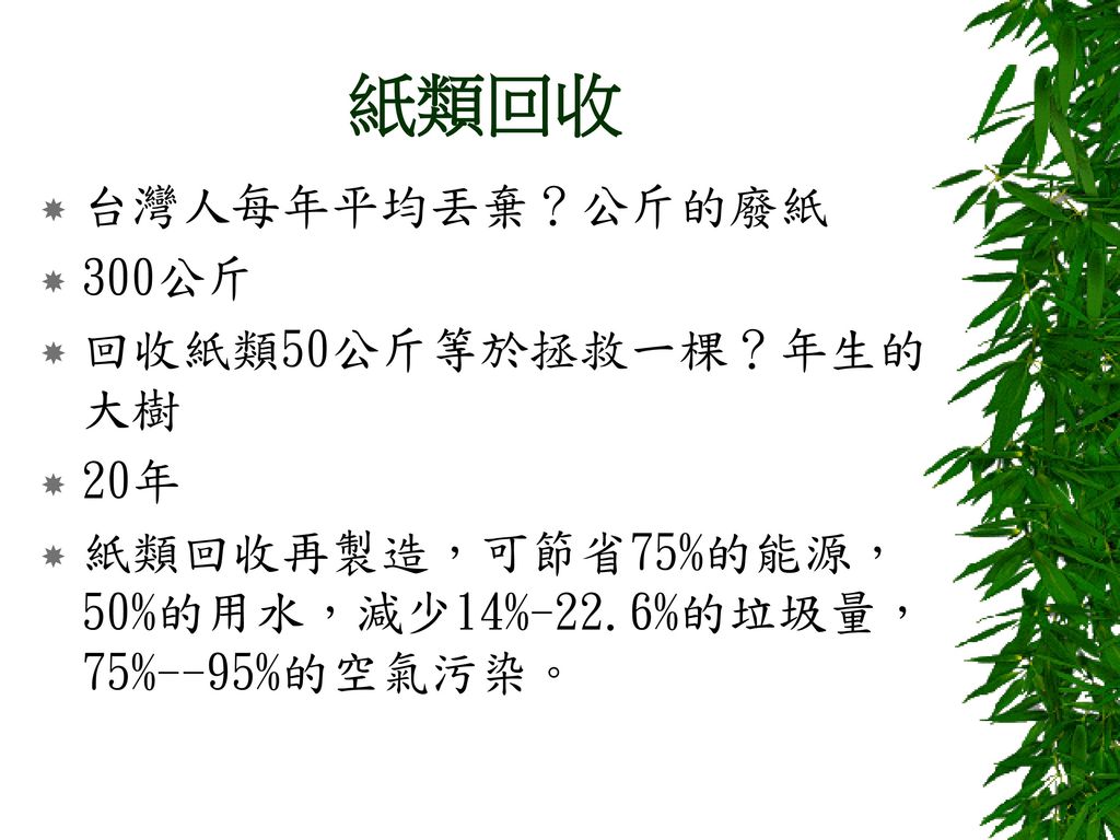紙類回收 台灣人每年平均丟棄？公斤的廢紙 300公斤 回收紙類50公斤等於拯救一棵？年生的大樹 20年