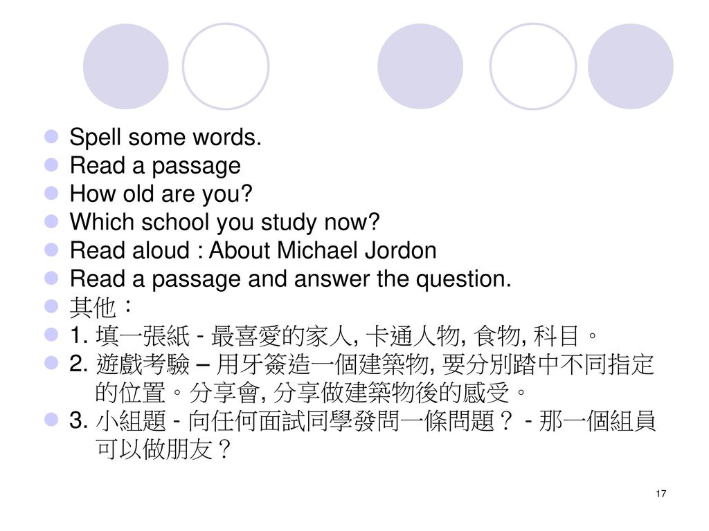 Spell some words. Read a passage. How old are you Which school you study now Read aloud : About Michael Jordon.