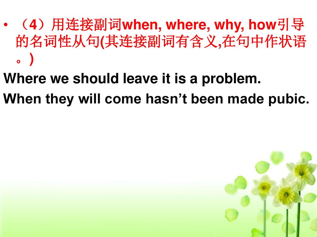 （4）用连接副词when, where, why, how引导的名词性从句(其连接副词有含义,在句中作状语。)